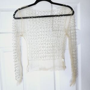 NUDE PEARLS & RHINESTONE MESH LONGSLEEVE TOP